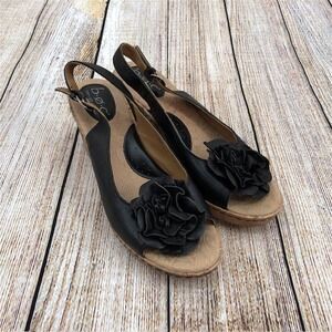 BOC Born Concept Women's Size 9 Black Leather Open Toe Slingback Wedge‎ Heels